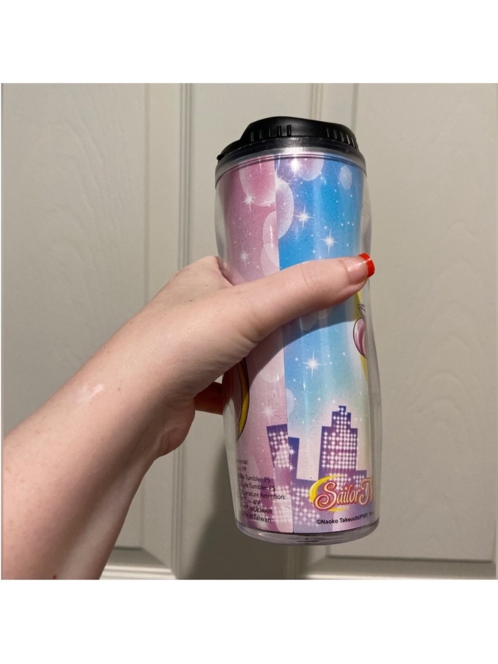 Sailor Moon Themed Double-Wall Travel Tumbler with Black Lid - Pink & Yellow - Picture 3 of 6